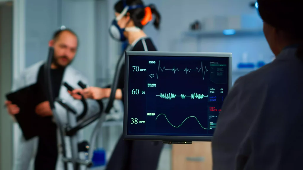 Close-up of a heart rate variability monitor displaying data during a fitness test.